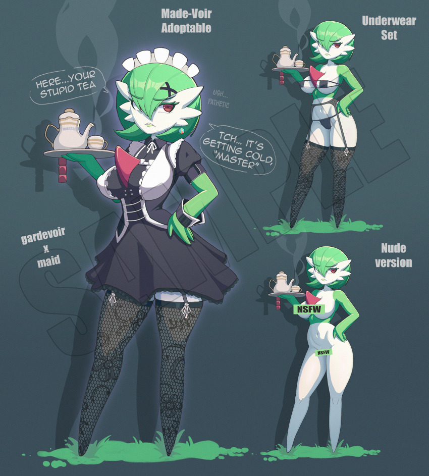 1girl areola_slip artist_name averting_eyes black_dress black_thighhighs bob_cut bra breasts cameltoe censored censored_nipples collarbone collared_dress colored_eyelashes colored_skin completely_nude condom condom_packet_strip condom_wrapper covered_erect_nipples cup dress drop_shadow earrings english_text female_focus floral_print full_body gardevoir garter_belt garter_straps gen_3_pokemon glint grass green_hair green_lips green_skin grey_background groin hair_ornament hair_over_one_eye hand_on_own_hip hand_up highres holding holding_tray jewelry large_breasts legs looking_to_the_side maid maid_headdress mega_stone multicolored_skin multiple_views navel neck_ribbon nekit48l nintendo no_feet nude one_eye_covered panties parted_lips pokemon pokemon_(creature) print_thighhighs puffy_short_sleeves puffy_sleeves red_eyes ribbon sample_watermark short_dress short_hair short_sleeves sideways_glance single_earring speech_bubble standing steam stomach strapless strapless_bra string_bra string_panties talking teacup teapot teeth thighhighs thighs tray two-tone_skin underwear underwear_only v-shaped_eyebrows watermark white_ribbon white_skin wrist_cuffs x_hair_ornament