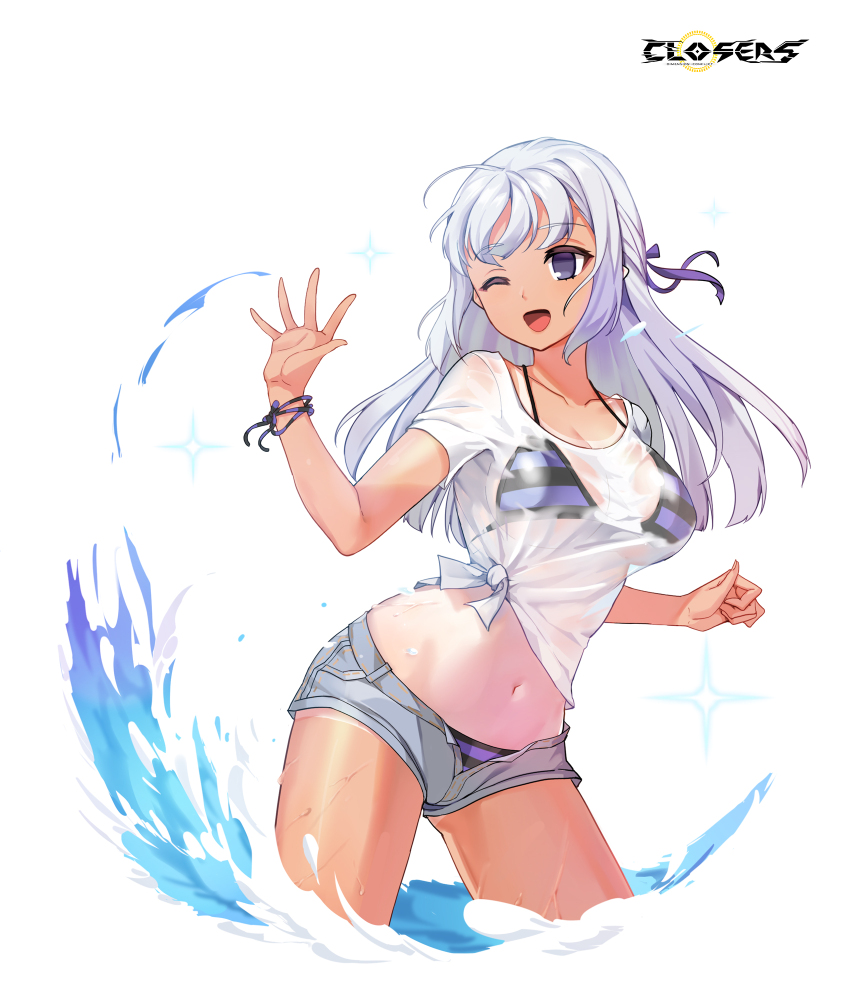 1girl ;d bikini bikini_under_clothes bikini_under_shorts black_bikini black_ribbon breasts closers copyright_name cowboy_shot grey_hair grey_shorts hair_ribbon hands_up highres large_breasts levia_(closers) logo long_hair looking_to_the_side multicolored_bikini multicolored_ribbon navel no_pupils official_art one-piece_tan one_eye_closed open_mouth purple_bikini purple_eyes purple_ribbon ribbon see-through_clothes see-through_shirt shirt short_shorts short_sleeves shorts smile solo sparkle splashing stomach string_bikini striped_bikini striped_clothes swimsuit t-shirt tan tanline tied_shirt variant_set wading water wet wet_clothes wet_shirt white_background white_shirt wrist_ribbon
