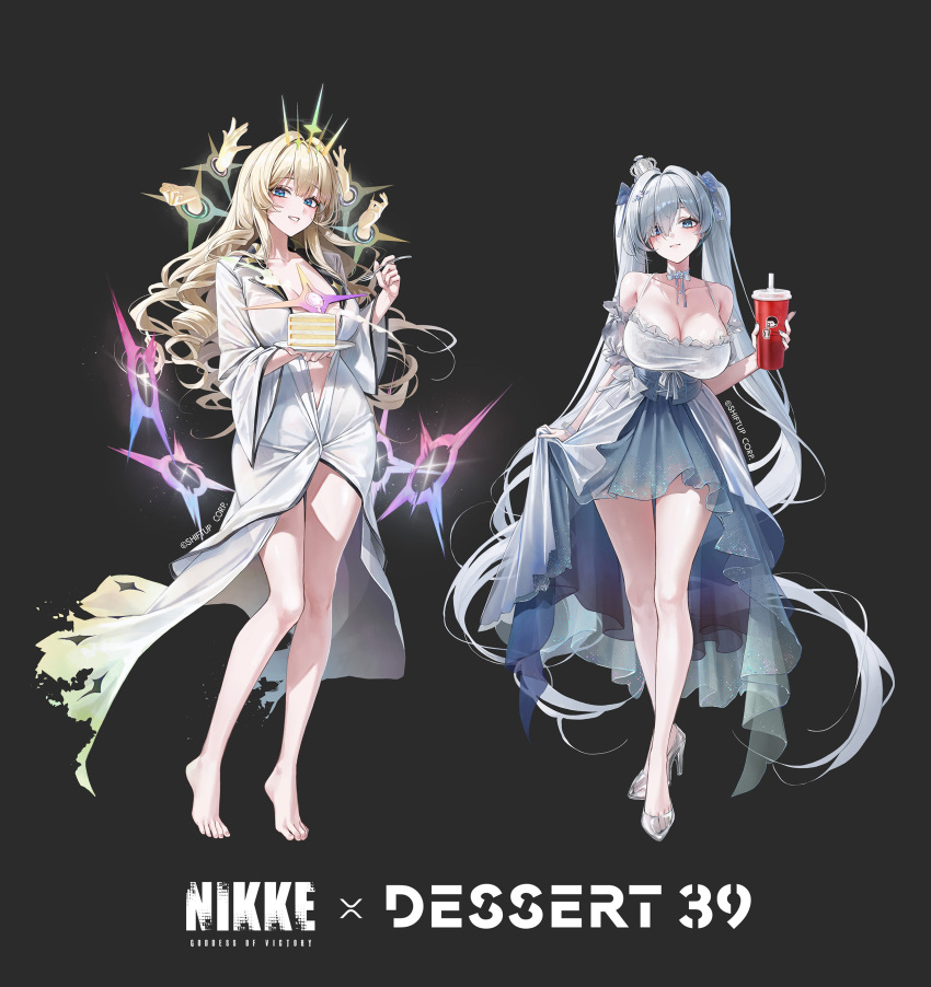 2girls absurdres bare_shoulders barefoot black_background blonde_hair blue_eyes breasts brown_hair cinderella_(glass_princess)_(nikke) cinderella_(nikke) cleavage closed_mouth crown_(naked_king)_(nikke) crown_(nikke) disembodied_hand dress floating_hair full_body goddess_of_victory:_nikke hair_between_eyes high_heels highres holding long_hair long_sleeves looking_at_viewer meoyo multiple_girls naked_robe official_alternate_costume official_art open_clothes open_robe parted_lips robe simple_background smile standing too_many_drills twintails very_long_hair white_dress white_robe