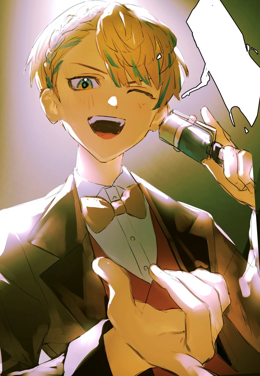 1boy 333takoyaki absurdres blank_speech_bubble blonde_hair blue_hair bow bowtie collared_shirt commentary_request hibachi_mana hibachi_mana_(2nd_costume) highres jacket looking_at_viewer male_focus multicolored_hair nijisanji one_eye_closed open_clothes open_jacket open_mouth red_vest shirt solo speech_bubble teeth upper_body upper_teeth_only vest virtual_youtuber white_shirt