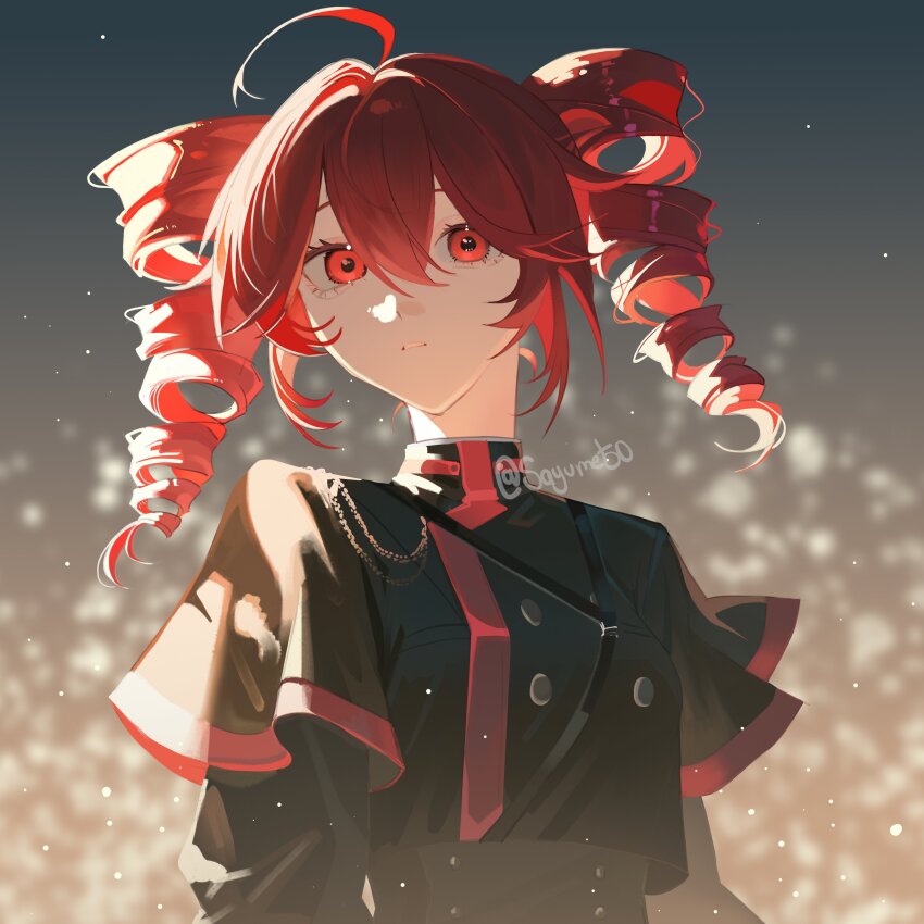 1girl absurdres ahoge belt black_belt black_jacket buttons commentary double-breasted drill_hair english_commentary hair_between_eyes highres jacket kasane_teto kasane_teto_(sv) layered_sleeves long_hair looking_at_viewer parted_lips red_eyes red_hair sayume50 shoulder_belt solo synthesizer_v twin_drills twitter_username upper_body utau