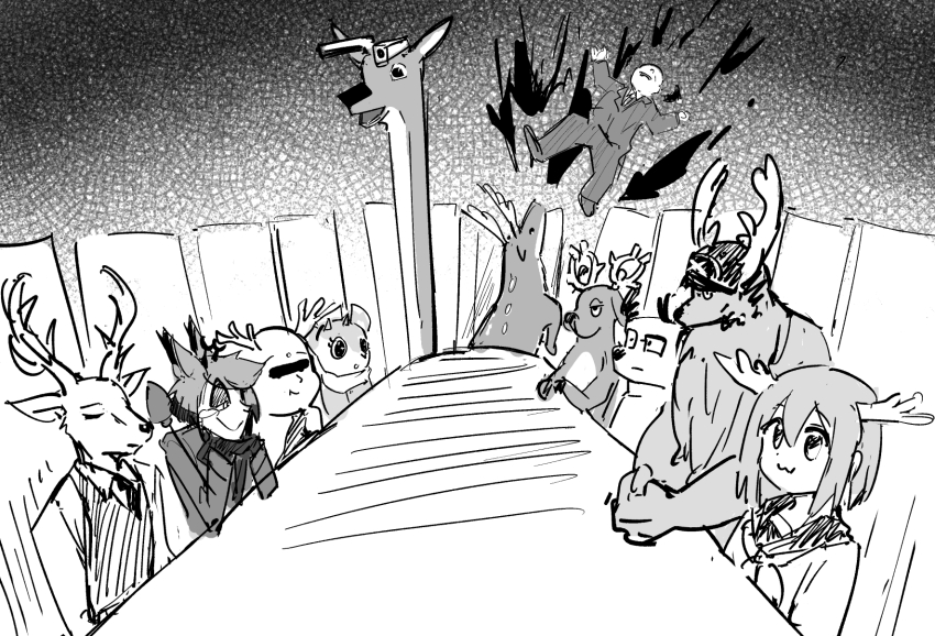 1girl 4boys :3 aggressive_retsuko alastor_(hazbin_hotel) antlers beastars bleach chair character_request copyright_request creatures_(company) daihatsu deeeer_simulator deer deer_antlers formal_clothes game_freak gen_2_pokemon greyscale gun handgun hazbin_hotel highres horns kakukaku_shikajika long_table louis_(beastars) monochrome multiple_boys nichijou nintendo one_piece own_hands_together parody pokemon principal_(nichijou) school_uniform sento-kun serafuku shikanoko_noko shikanoko_nokonoko_koshitantan stantler suit table tenten_(chan4545) tony_tony_chopper tsunoda_(aggretsuko) weapon