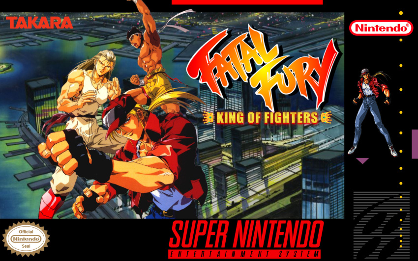 3boys andy_bogard blonde_hair brown_hair denim fatal_fury game_console highres jacket jeans joe_higashi long_hair multiple_boys muscular muscular_male oobari_masami pants red_jacket shirtless_male sleeveless southtown super_famicom super_nintendo terry_bogard the_king_of_fighters