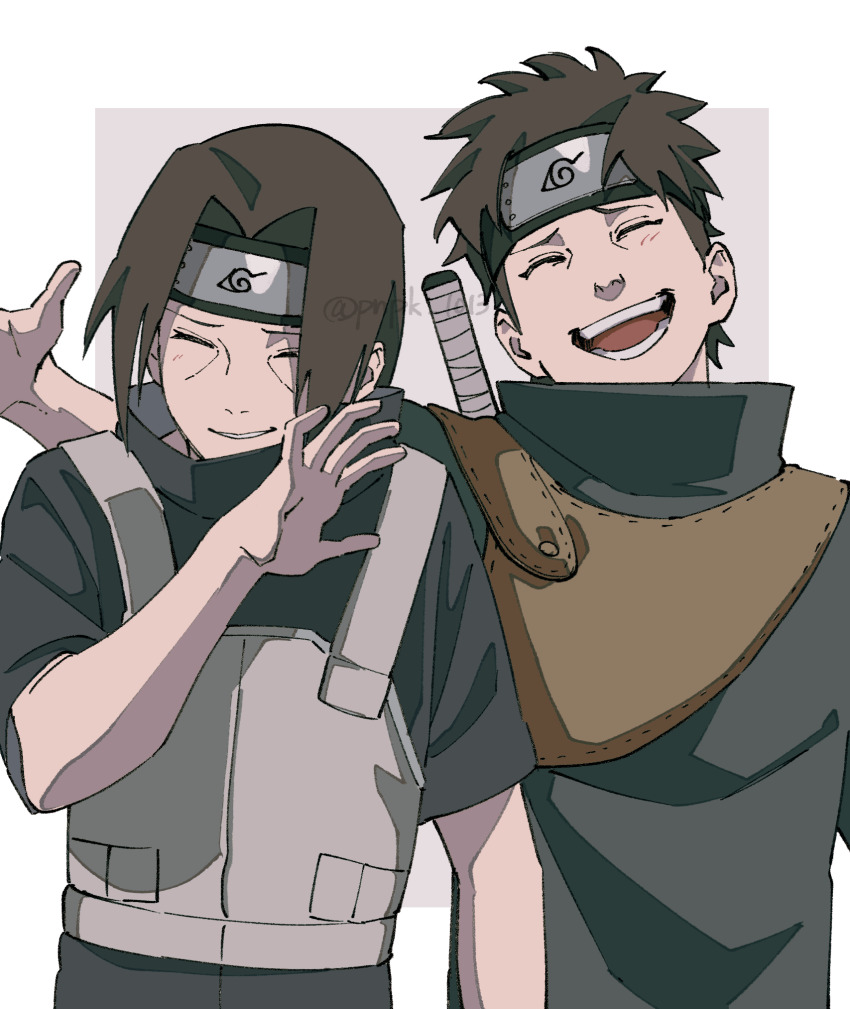 2boys black_shirt border brown_hair closed_eyes forehead_protector grey_vest highres konohagakure_anbu_uniform konohagakure_symbol laughing male_focus multiple_boys naruto_(series) naruto_shippuuden open_mouth pnpk_1013 purple_background shirt simple_background sword sword_on_back twitter_username two-tone_background uchiha_itachi uchiha_shisui upper_body vest weapon weapon_on_back white_border