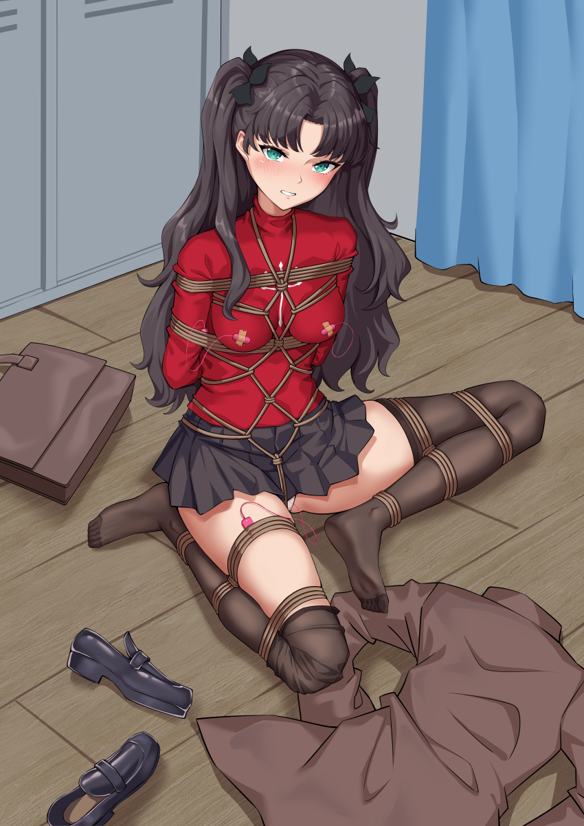 1girl absurdres aqua_eyes arms_behind_back bdsm black_bow black_hair black_shoes black_thighhighs blush bondage bound bow breasts breasts_apart chinese_commentary clenched_teeth commentary_request commission crop_top cross cross_print egg_vibrator eyelashes fate/stay_night fate_(series) feet full_body gluteal_fold hair_bow highres indoors loafers long_hair looking_at_viewer medium_breasts miniskirt nipple_stimulation no_shoes panties parted_bangs pleated_skirt print_sweater red_sweater second-party_source sex_toy shibari shoes sitting skirt soles solo sweater t_zhonglang teeth thighhighs thighs toes tohsaka_rin tsurime turtleneck turtleneck_sweater two_side_up underwear unworn_shoes upturned_eyes variant_set very_long_hair vibrator vibrator_cord vibrator_in_thigh_strap vibrator_on_nipple white_panties zettai_ryouiki