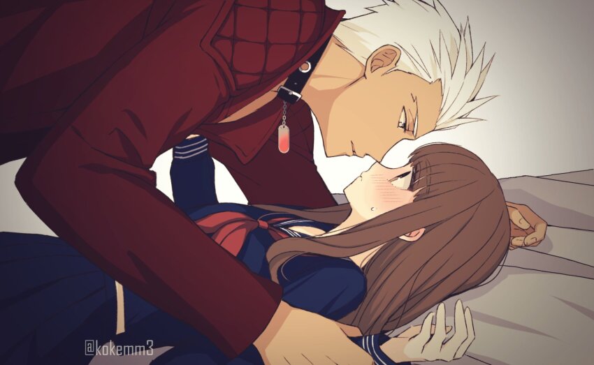 1boy 1girl archer_(cool_and_wild)_(fate) archer_(fate) artist_name blush brown_hair couple dark-skinned_male dark_skin fate/extra fate/extra_ccc fate_(series) highres imminent_kiss kishinami_hakuno_(female) kokemomomi looking_at_another school_uniform signature spiked_hair tsukumihara_academy_uniform_(fate/extra_ccc) twitter_username white_hair