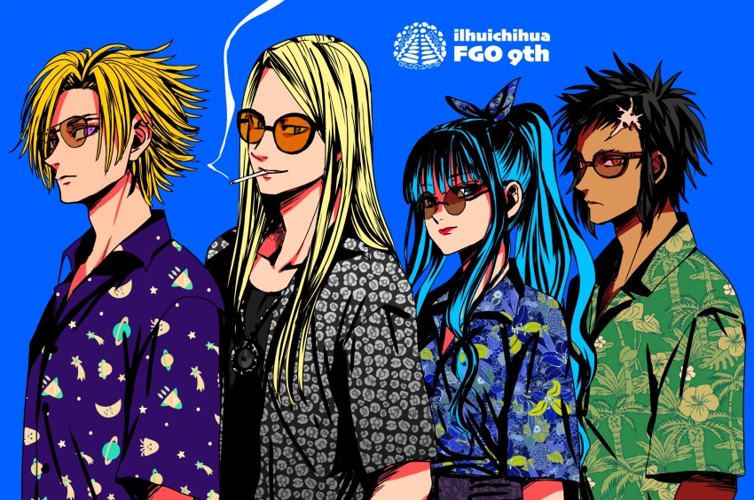 1girl 3boys black_hair blonde_hair blue_background blue_hair daybit_sem_void fate/grand_order fate_(series) highres izcalli_(fate) jewelry kamaji long_hair looking_at_viewer multiple_boys necklace ponytail ribbon scar sunglasses tenochtitlan_(fate) tezcatlipoca_(fate) wakkamaji