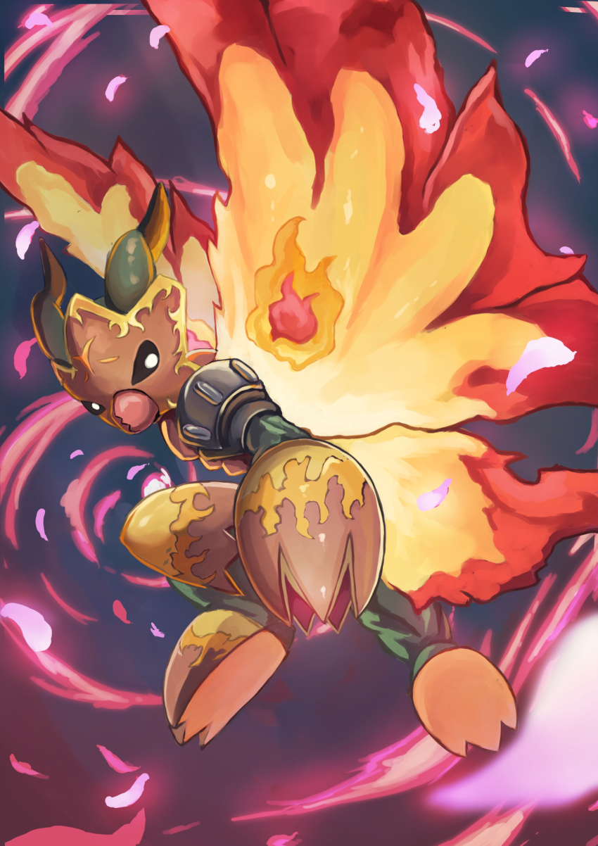 armor bug colored_skin digimon digimon_(creature) fiery_wings fire full_body green_skin grey_background highres kou_(xcws3487) pink_fire red_armor shadramon solo wings
