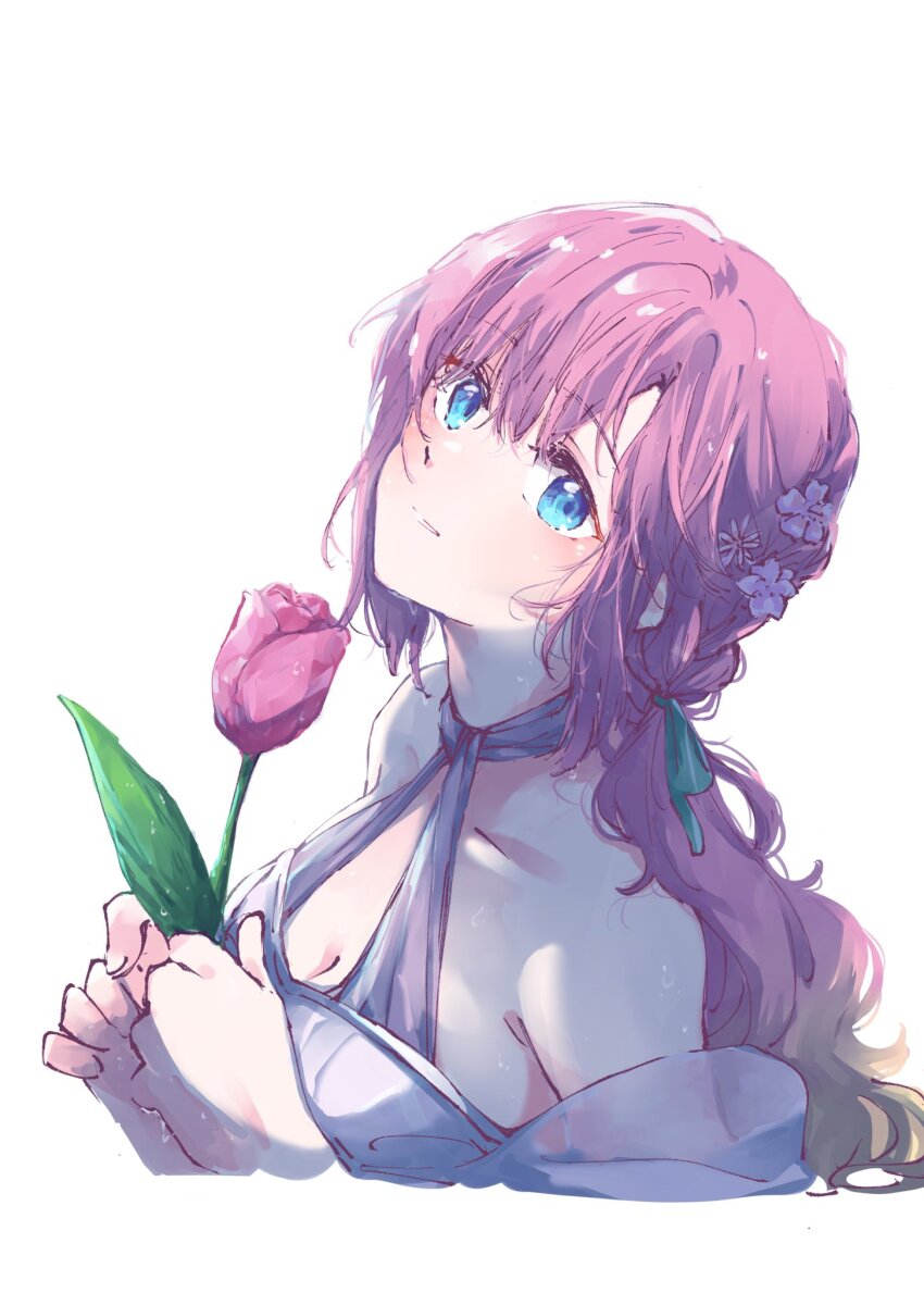1girl anyoji_hime bare_shoulders blonde_hair blue_eyes breasts cleavage collarbone cropped_torso flower gradient_hair green_ribbon grin hair_ribbon halterneck her-bath-rium highres holding holding_flower l9525 link!_like!_love_live! long_hair looking_at_viewer love_live! low_ponytail medium_breasts multicolored_hair official_alternate_costume one-piece_swimsuit parted_lips pink_flower pink_hair pink_tulip ponytail ribbon simple_background smile solo swimsuit tulip two-tone_hair virtual_youtuber white_background white_one-piece_swimsuit
