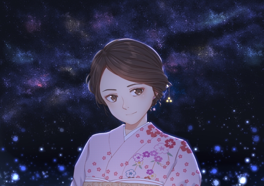 1girl brown_eyes brown_hair remembrance_of_earth&#039;s_past earrings floral_print japanese_clothes jewelry kimono looking_at_viewer pink_kimono portrait print_kimono shadow smile solo sophon upper_body user_hscj5233