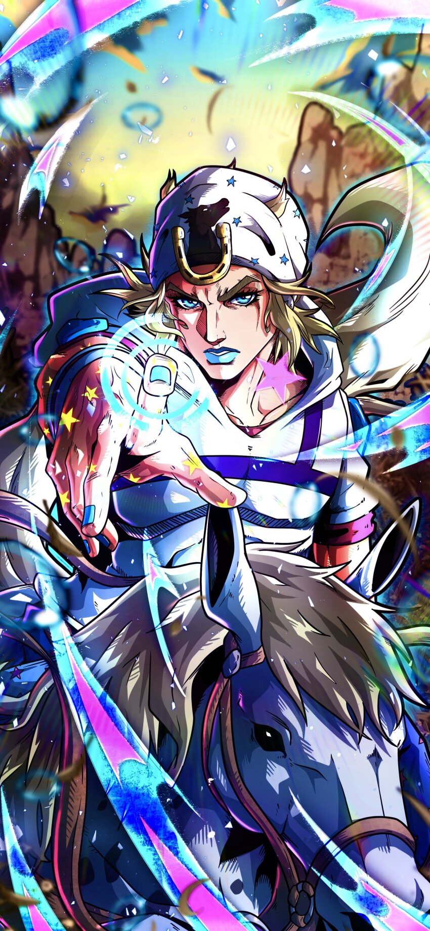 1boy absurdres beanie black_eyes blonde_hair blue_eyes blue_lips blue_nails hat highres hood hoodie horseback_riding horseshoe_hat_ornament horseshoe_ornament johnny_joestar jojo_no_kimyou_na_bouken looking_at_viewer male_focus medium_hair noonvincent pink_sleeves pointing pointing_at_viewer riding short_sleeves slow_dancer_(jojo) star_(symbol) star_print steel_ball_run two-tone_sleeves white_hat white_hoodie white_sleeves