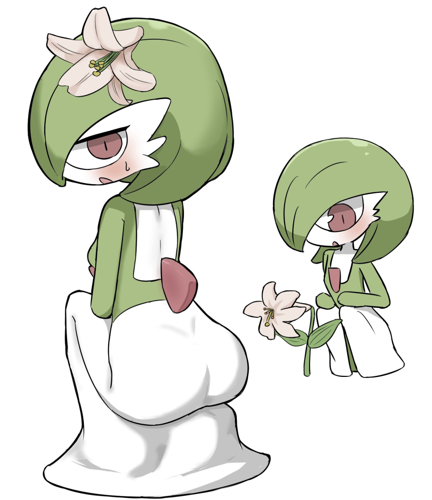 1girl :o ass back blush bob_cut breasts colored_skin female_focus flower from_behind full_body gardevoir gen_3_pokemon green_hair green_skin hair_flower hair_ornament hair_over_one_eye half-closed_eyes highres jitome looking_at_viewer looking_back multicolored_skin multiple_views nintendo one_eye_covered open_mouth pink_flower pokemon pokemon_(creature) red_eyes short_hair shushi_ojiisan simple_background small_breasts squatting two-tone_skin white_background white_skin