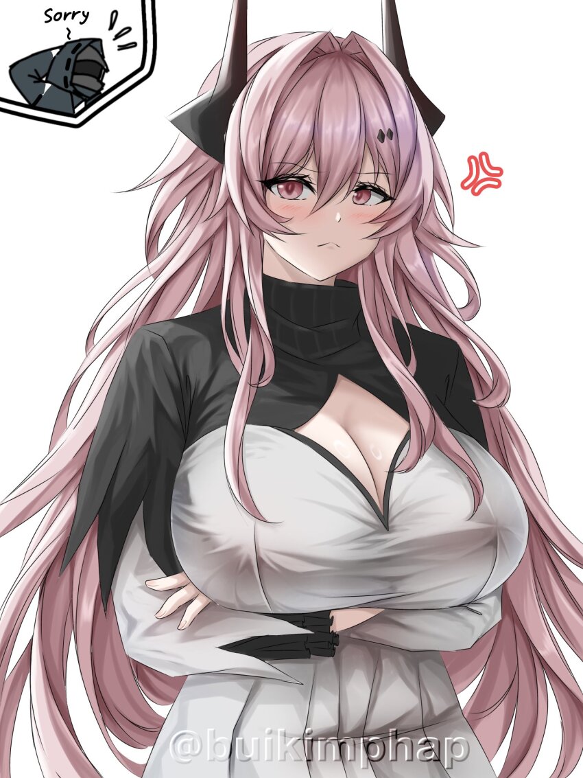 1girl :&lt; anger_vein arknights arm_behind_head black_dress black_horns blush breasts chibi cleavage cleavage_cutout closed_mouth clothing_cutout commentary crossed_arms doctor_(arknights) dress flying_sweatdrops grey_dress hair_between_eyes hair_intakes highres horns huge_breasts long_sleeves looking_at_viewer phap2000 pink_eyes pink_hair simple_background symbol-only_commentary theresa_(arknights) turtleneck turtleneck_dress twitter_username watermark white_background