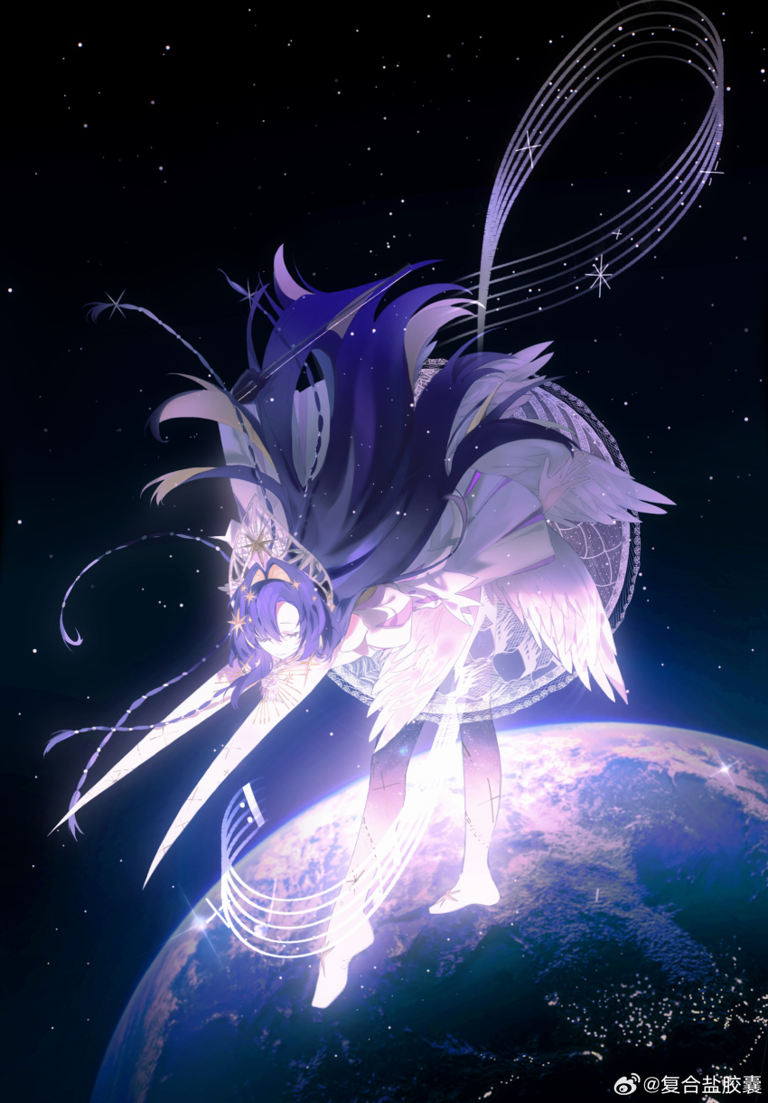 1girl absurdres bent_over blue_hair closed_eyes closed_mouth dress earth_(planet) fuhe_yan_jiaonang full_body gradient_pantyhose hair_intakes hair_ornament highres juliet_sleeves kokoshnik lace_dress leaning_forward long_hair long_sleeves musical_staff official_alternate_costume pantyhose planet print_pantyhose puffy_sleeves reverse:1999 sky smile solo space star_(sky) star_(symbol) star_hair_ornament starry_sky starry_sky_print treble_clef very_long_hair voyager_(choir_of_the_stars)_(reverse:1999) voyager_(reverse:1999) watermark weibo_watermark white_dress