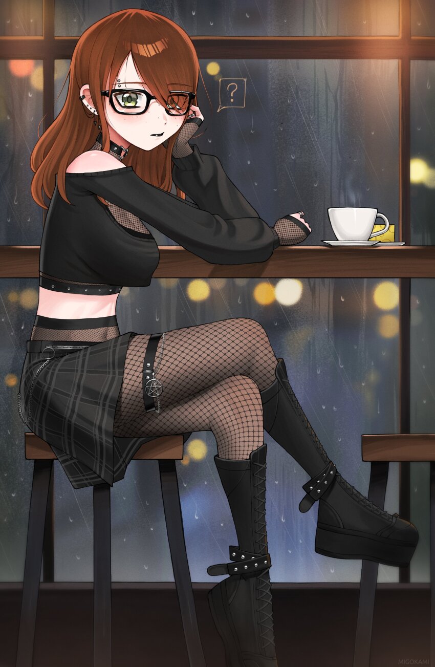 ? absurdres belt belt_boots black-framed_eyewear black_belt black_boots black_eyeliner black_lips black_shirt black_skirt blush boots breasts brown_hair cafe chain cheese choker city_lights cleavage cup ear_chain ear_piercing eyebrow_piercing eyeliner face_piercing fishnet_pantyhose fishnet_sleeves fishnet_top fishnets food freckles friend_e glasses goth_fashion green_eyes heart heart_o-ring heart_ring_choker highres indie_virtual_youtuber jewelry knee_boots lace-up_boots linked_piercing looking_at_viewer makeup medium_hair midriff migokami miniskirt o-ring o-ring_choker on_stool pantyhose pentagram piercing plaid_clothes plaid_skirt platform_boots rain ring saucer shirt skirt sleeves_past_wrists speech_bubble stool studded_choker studded_thigh_strap swiss_cheese table teacup thigh_strap water_drop window wooden_table