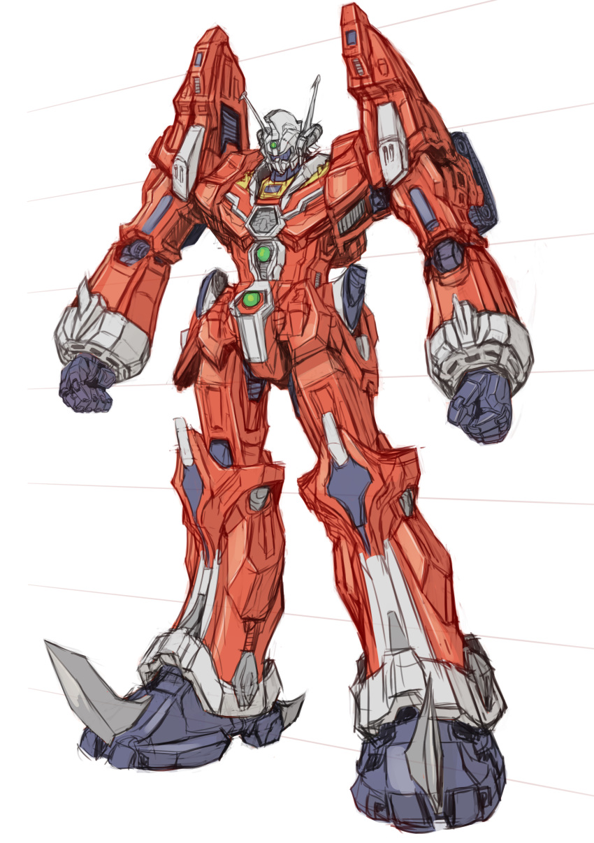 absurdres alien antennae clenched_hands commentary_request concept_art densetsu_kyojin_ideon highres ideon ink_(medium) machinery maeda_hiroyuki marker_(medium) mecha no_humans original redesign robot sketch solo super_robot traditional_media white_background