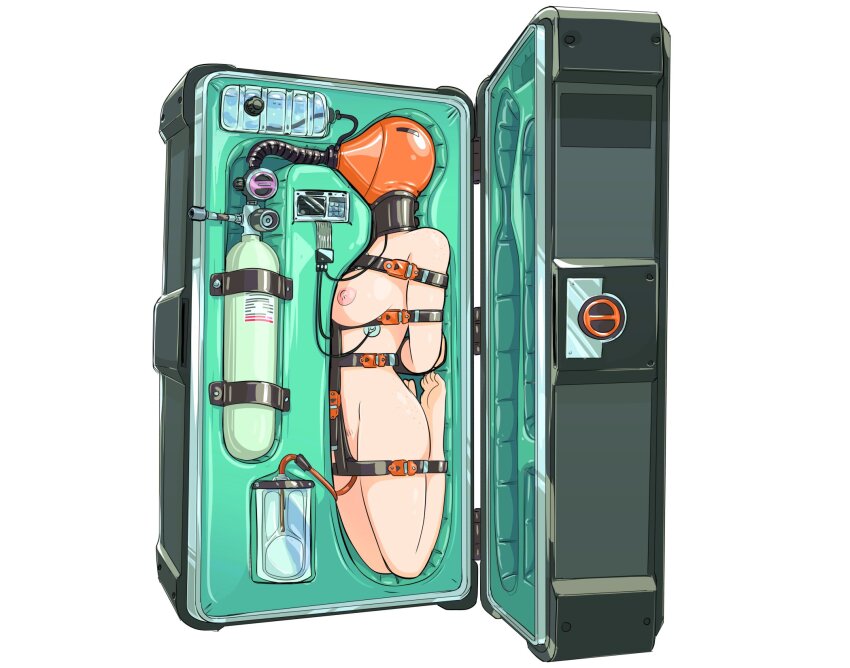 1girl bdsm bondage bound bound_ankles breasts bsfs commander_rab(layer_industries) encasement highres nipples nude original oxygen_mask oxygen_tank restrained sex_machine sex_toy suitcase white_background