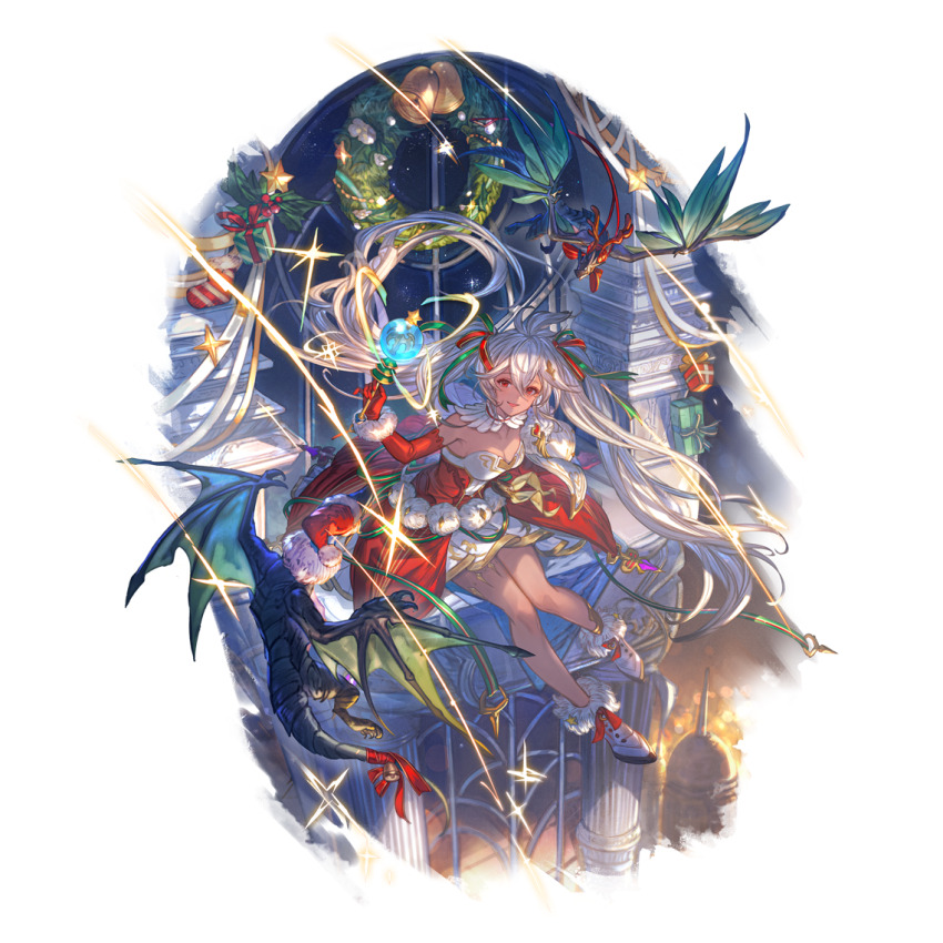 1girl antlers bare_shoulders bell boots building christmas christmas_present dragon dress gift gloves granblue_fantasy hair_ribbon hat horns jingle_bell ledge long_hair looking_at_viewer official_alternate_costume official_art open_mouth red_eyes red_gloves reindeer_antlers ribbon santa_hat sitting smile twintails wand white_hair wreath zooey_(granblue_fantasy)