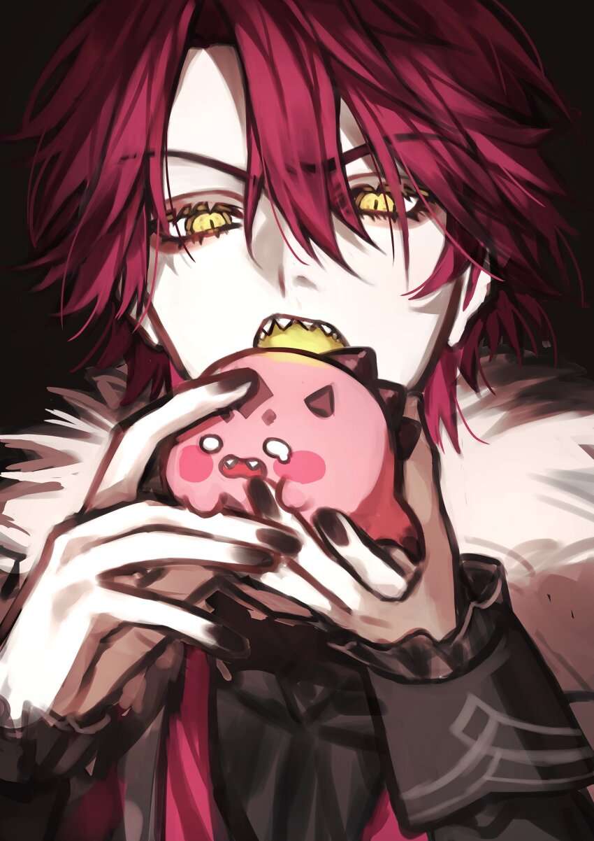 1boy black_nails creature fur-trimmed_jacket fur_trim hair_between_eyes highres holding holding_creature holostars holostars_english imminent_bite jacket jurard_t_rexford long_sleeves male_focus open_mouth red_hair sharp_teeth short_hair slit_pupils solo teeth virtual_youtuber yellow_eyes yu_yu_(yuyuuuu99550771)
