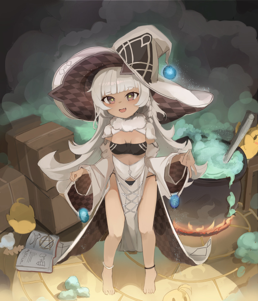 1girl absurdres awilin azur_lane barefoot black_panties blunt_bangs book braid breasts brown_eyes cauldron dark-skinned_female dark_skin detached_sleeves fang full_body green_eyes hands_up hat highres long_hair looking_at_viewer manjuu_(azur_lane) nubian_(azur_lane) nubian_(normal_potion_maker)_(azur_lane) official_alternate_costume open_mouth panties pelvic_curtain revealing_clothes side-tie_panties small_breasts smile standing underwear very_long_hair white_hair white_hat wide_sleeves witch_hat
