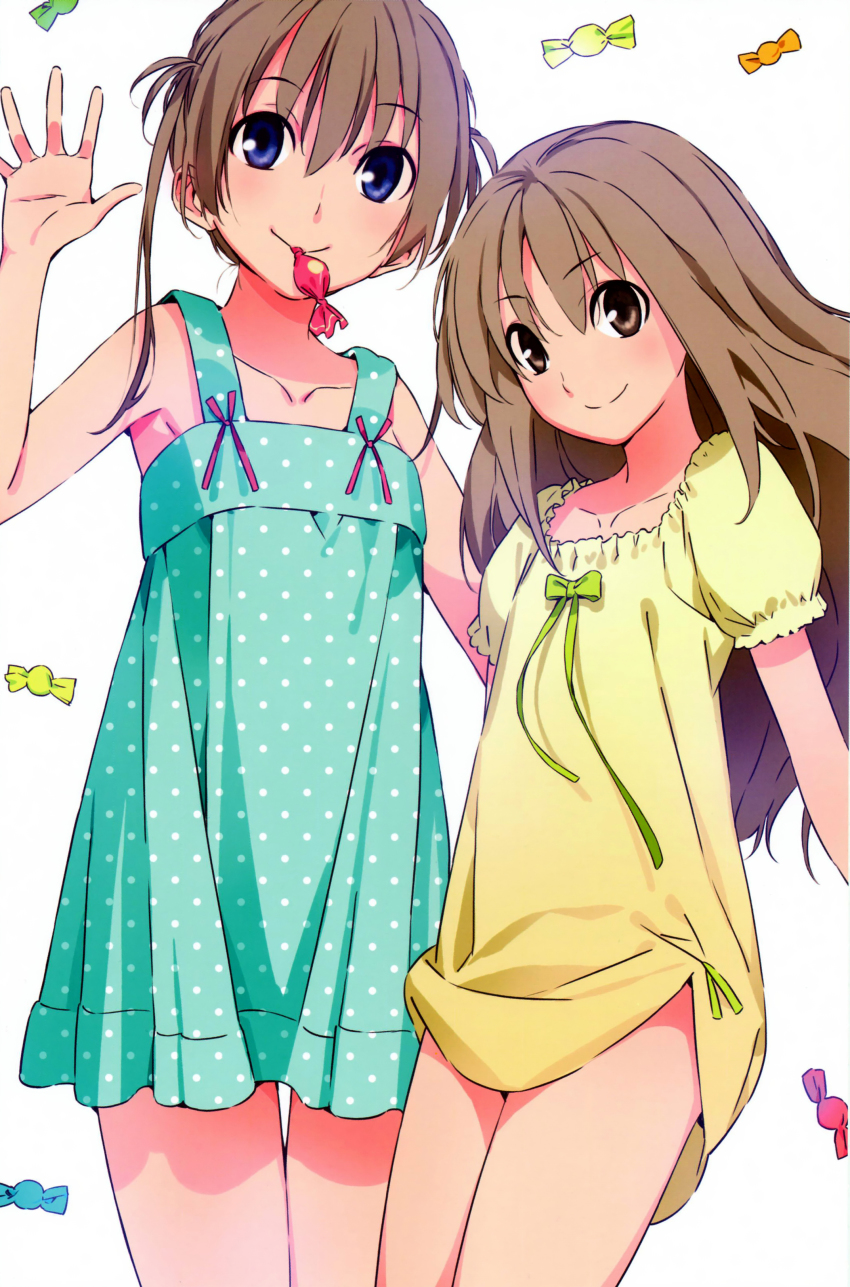 2girls absurdres amakawa_chinatsu blue_eyes brown_eyes brown_hair candy collarbone dress flat_chest highres long_hair looking_at_viewer memories_off memories_off_yubikiri_no_kioku morii_shizuki mouth_hold multiple_girls orihime_hoshitsuki polka_dot polka_dot_dress scan smile twintails waving