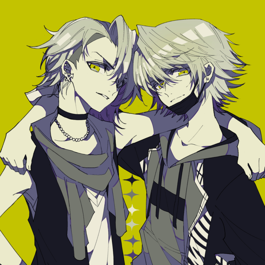 2boys 3kdxoxo arm_around_shoulder bare_shoulders black_choker black_vest choker commentary drawstring ear_piercing earrings furesawa_tosai hair_between_eyes hood hood_down hoodie jacket jewelry kanade_rindo layered_clothes limited_palette looking_to_the_side male_focus mask mouth_mask multiple_boys multiple_earrings necklace open_clothes open_jacket parted_lips piercing print_jacket scarf shin_subarashiki_kono_sekai shirt sideways_glance simple_background sleeveless subarashiki_kono_sekai vest white_shirt yellow_background yellow_eyes