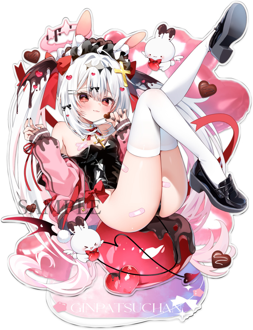 1girl animal_ears bandaid bandaids_on_nipples black_leotard blush breasts candy chihiro_(khorosho) chocolate chocolate_heart chocolate_on_head cross_hair_ornament food frilled_hairband frills full_body grey_hair hair_ornament hairband hairclip heart heart-shaped_food highres holding holding_chocolate holding_food jacket jacket_partially_removed legs_up leotard loafers long_sleeves looking_at_viewer original pasties pink_jacket playboy_bunny red_eyes red_ribbon ribbon shoes simple_background small_breasts smile thighhighs transparent_background twintails valentine white_hair white_thighhighs