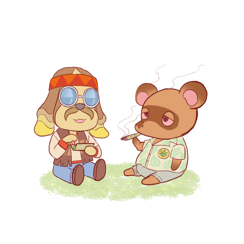 1960s_(style) alison_(alison_airlines) animal_crossing bell-bottoms bloodshot_eyes cannabis_print character_request drugs glasses highres hippie joint_(drug) marijuana nintendo oldschool opaque_glasses original pants retro_artstyle smoking stoned tom_nook_(animal_crossing)