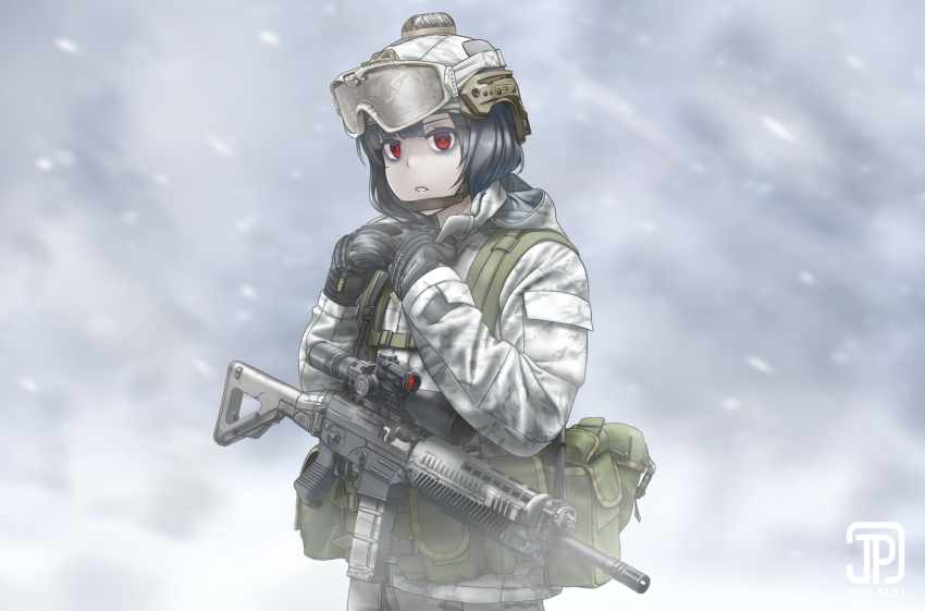 1girl assault_rifle black_gloves black_hair camouflage camouflage_jacket combat_helmet fast_helmet gloves goggles goggles_on_head gun helmet hood hood_down hooded_jacket jacket jpc load_bearing_vest long_sleeves military_combat_uniform military_operator military_uniform original red_eyes rifle scope short_hair sig_sauer sig_sauer_556 snow_camouflage snowing solo tactical_clothes weapon