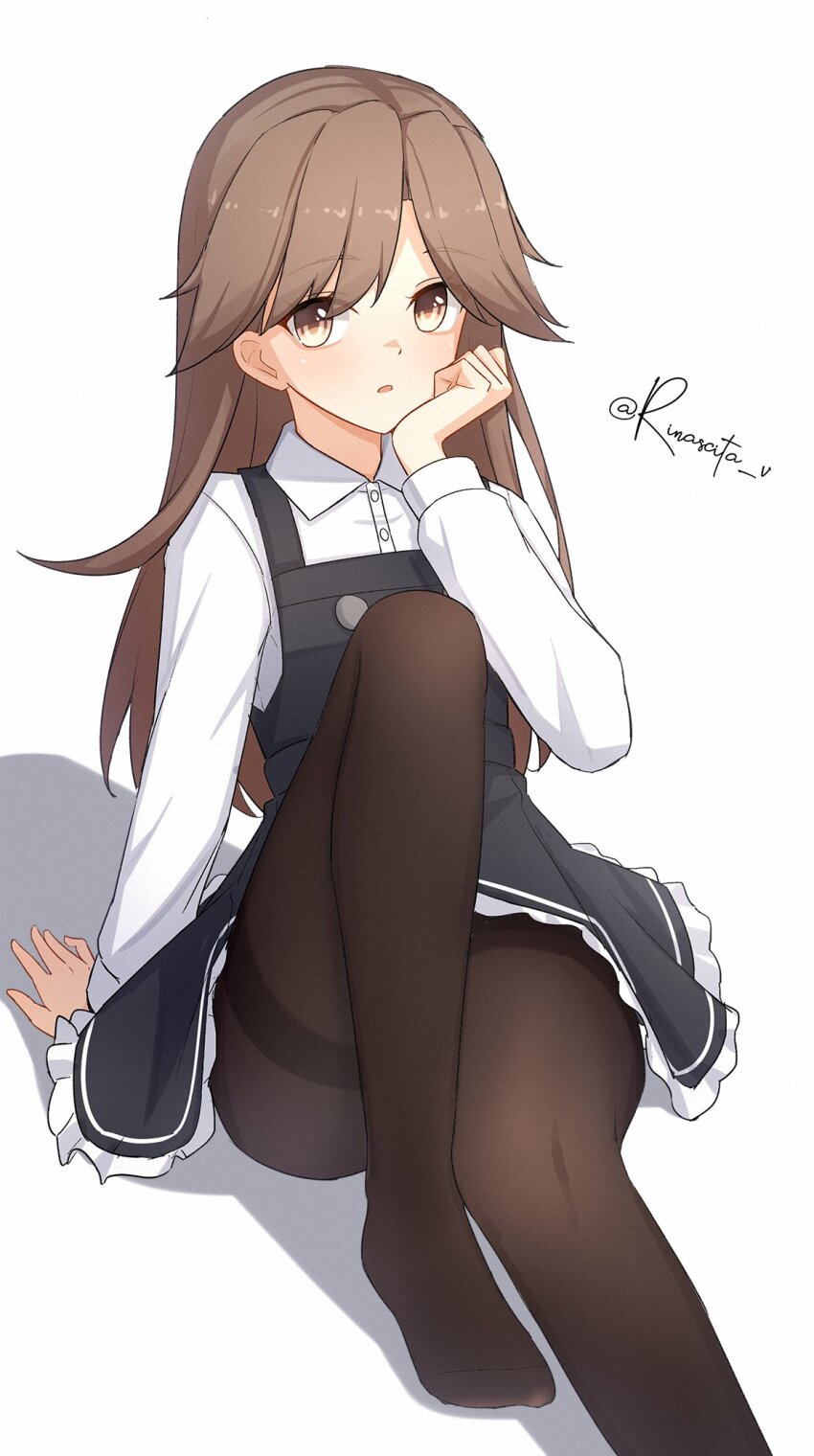 1girl arashio_(kancolle) arashio_kai_ni_(kancolle) aticsanir black_dress black_pantyhose blush brown_eyes brown_hair buttons dress frilled_dress frills highres kantai_collection long_hair long_sleeves looking_at_viewer open_mouth pantyhose pinafore_dress school_uniform shadow shirt simple_background sitting sleeveless sleeveless_dress smile solo white_background white_shirt