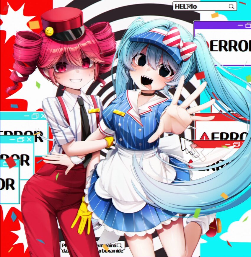 2girls alternate_costume alternate_eye_color apron black_choker black_eyes blue_background blue_dress blue_hair blue_hat blush bow buttons choker cloud collared_shirt contrapposto cursor dasom diagonal-striped_bow double-breasted dress drill_hair error_message false_smile flat_chest floating_hair gloves grin hair_between_eyes hashtag-only_commentary hat hat_bow hatsune_miku highres holding_another&#039;s_arm kasane_teto kepi leg_up looking_at_viewer mesmerizer_(vocaloid) military_hat multiple_girls outstretched_arm pants pinstripe_dress pinstripe_hat pinstripe_pattern reaching reaching_towards_viewer red_background red_bow red_eyes red_hat red_pants roller_skates sailor_collar shaded_face sharp_teeth shirt short_sleeves skates sleeves_rolled_up smile smiley_hat_ornament socks solid_circle_eyes spiral standing standing_on_one_leg striped_bow sweatdrop teeth tongue tongue_out twin_drills twintails two-tone_bow utau visor_cap vocaloid waist_apron white_apron white_bow white_sailor_collar white_socks white_wrist_cuffs wing_collar wrist_cuffs yellow_gloves