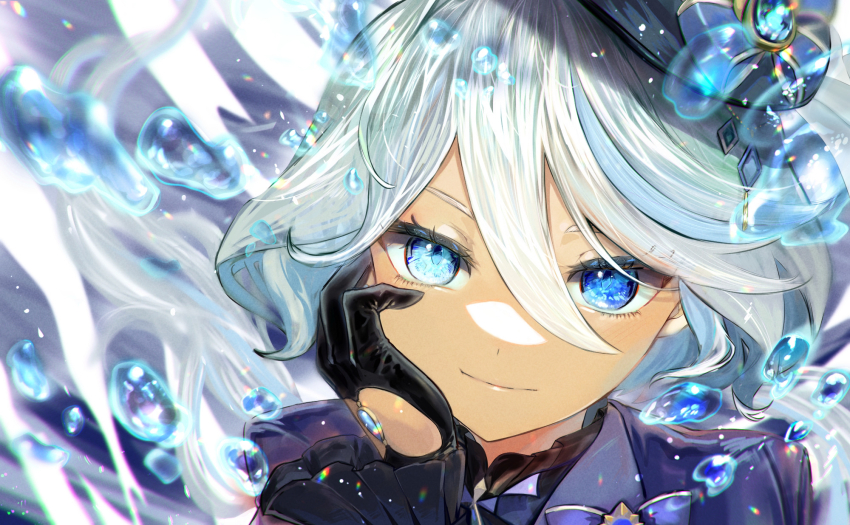 1girl aquact black_gloves blue_bow blue_eyes bow commentary_request furina_(genshin_impact) genshin_impact gloves hand_up hat hat_bow highres long_hair looking_at_viewer portrait smile solo white_hair