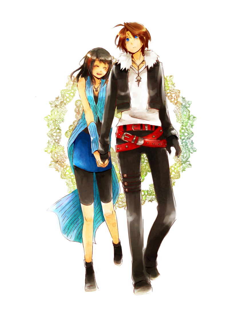 1990s_(style) 1boy 1girl ^_^ amamizu_(shigure-doki) arm_warmers belt blue_eyes brown_hair closed_eyes closed_eyes final_fantasy final_fantasy_viii gloves holding_hands hetero highres jewelry necklace rinoa_heartilly scar shoes squall_leonhart
