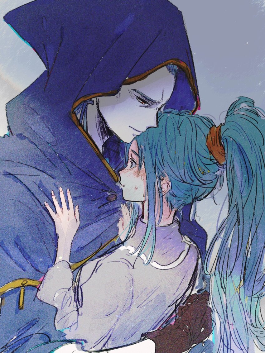 1boy 1girl amakekke aqua_hair arm_around_back blue_hood blue_robe blush brother_and_sister brown_gloves chrono_trigger dress furrowed_brow gloves gold_trim hair_tie hand_on_another&#039;s_shoulder highres hood hood_up hooded_robe long_hair long_sleeves magus_(chrono_trigger) pale_skin ponytail purple_dress red_eyes robe schala_zeal siblings sweatdrop upper_body