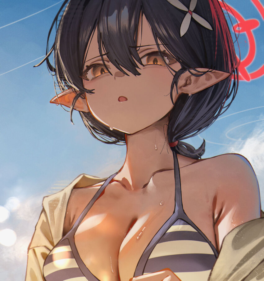 1girl ayane_(blue_archive) ayane_(swimsuit)_(blue_archive) betabeet bikini black_hair blue_archive blue_bikini blush disgust hair_between_eyes hair_ornament hairclip highres looking_at_viewer official_alternate_costume official_alternate_hairstyle open_mouth pointy_ears shaded_face shirt short_hair sidelocks single_bare_shoulder single_off_shoulder sky solo striped_bikini striped_clothes swimsuit upper_body yellow_eyes yellow_shirt