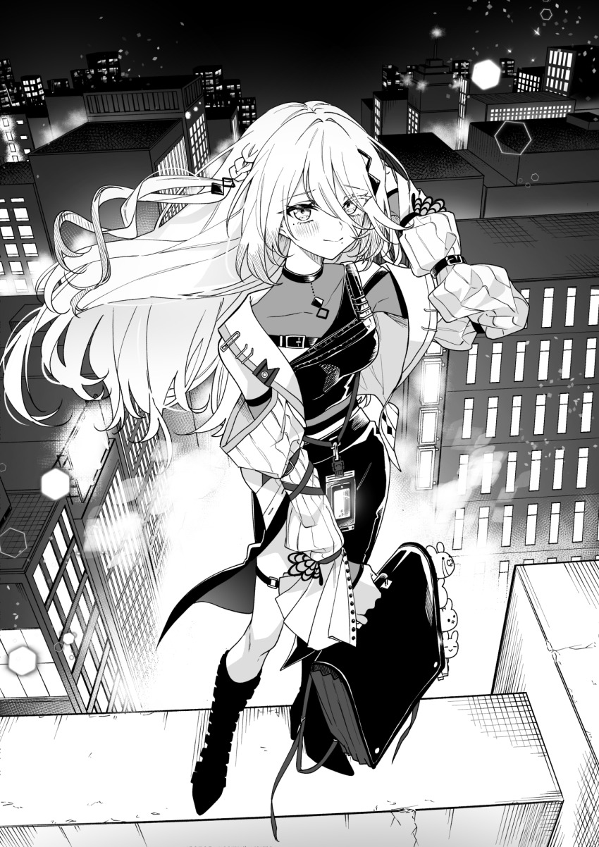 1girl bag blush boots braid ceiling cityscape closed_mouth commentary covered_collarbone floating_hair greyscale hair_between_eyes highres holding holding_bag jacket kashikaze long_hair long_hair_between_eyes long_sleeves looking_at_viewer mole mole_under_each_eye mole_under_eye mole_under_mouth monochrome multiple_moles nijisanji open_clothes open_jacket side_braid skirt solo sophia_valentine sophia_valentine_(1st_costume) thigh_strap virtual_youtuber