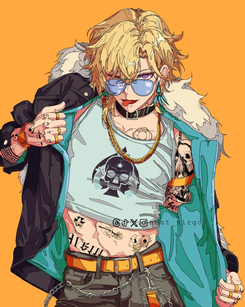 1boy alternate_costume arm_tattoo aventurine_(honkai:_star_rail) belt belt_buckle black_choker black_jacket blonde_hair buckle choker earrings fur_trim glasses hair_between_eyes highres honkai:_star_rail honkai_(series) jacket jewelry looking_at_viewer midriff midriff_peek neck_tattoo nest_virgo one_eye_closed orange_background purple_eyes ring shirt short_hair simple_background stomach_tattoo tattoo tongue tongue_out watch wristwatch