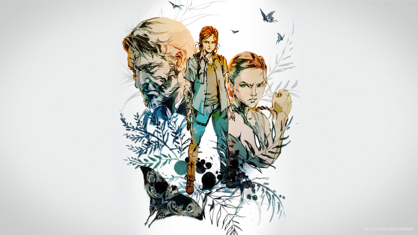 abby_(the_last_of_us) absurdres braid braided_ponytail bug butterfly ellie_(the_last_of_us) highres insect jacket joel_(the_last_of_us) pants shinkawa_youji simple_background standing tagme the_last_of_us_(series) the_last_of_us_2 weeds white_background