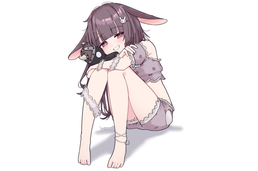 1girl absurdres animal_ears ankle_bracelets anklet arms_on_knees barefoot blush braid fallenshadow fallenshadow_(pajamas) flat_chest frilled_shirt frilled_shorts frilled_wristband frills grin hair_ornament hairpin highres holding holding_stuffed_toy indie_virtual_youtuber jewelry knees_up looking_at_viewer lop_rabbit_ears navel official_alternate_costume official_alternate_hairstyle on_floor pajamas pink_eyes pink_pajamas purple_hair rabbit_ears rabbit_hair_ornament ribbon shirt shorts simple_background sitting smile stuffed_toy teeth toenails triple_ahoge twin_braids virtual_youtuber white_background x_hair_ornament