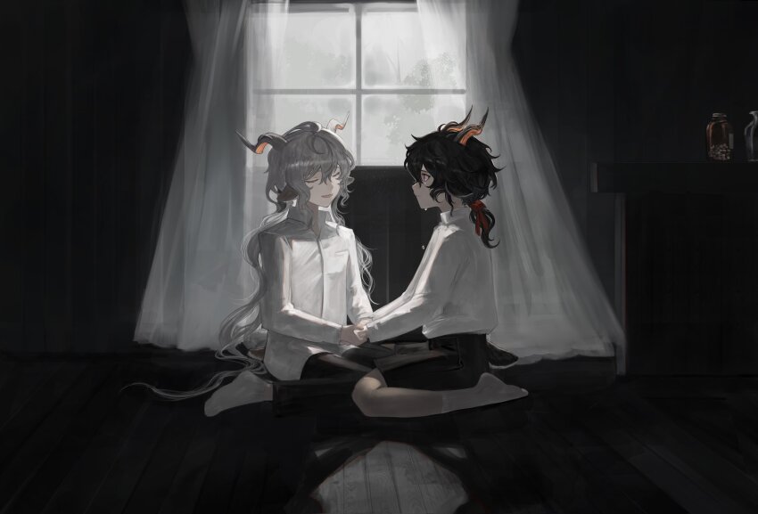 2boys absurdres aged_down animal_ears arknights black_background black_hair black_shorts closed_eyes commentary curtains ebenholz_(arknights) full_body goat_boy goat_ears goat_horns goat_tail grey_hair highres horns indoors kreide_(arknights) long_hair long_sleeves looking_at_another multiple_boys no_shoes purple_eyes shirt short_hair shorts smile socks white_shirt white_socks window yomotobi