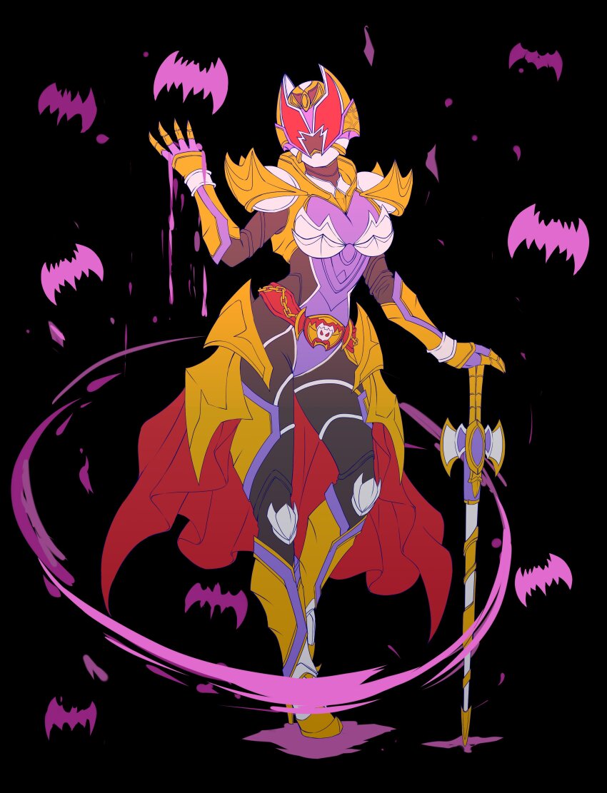 1girl absurdres alternate_costume alternate_form alternate_universe armor bat_(animal) belt black_background black_bodysuit blood bodysuit breastplate breasts contrapposto rider_belt gauntlets gloves gold_armor highres kamen_rider kamen_rider_dcd kamen_rider_kiva_(emperor_form) kamen_rider_kiva_(series) kamen_rider_kivala large_breasts mixed-language_commentary p.a.l.m pink_blood planted planted_sword planted_weapon red_eyes rider_belt sword tokusatsu vampire weapon