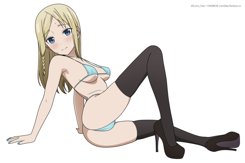 1girl ass bare_arms bare_shoulders bikini black_shoes black_thighhighs blonde_hair blue_eyes blush braid breasts commentary coro_fae english_commentary grey_bikini hayasaka_ai high_heels highres kaguya-sama_wa_kokurasetai_~tensai-tachi_no_renai_zunousen~ long_hair looking_at_viewer medium_breasts shoes simple_background smithee_a._haysaca solo swimsuit thighhighs white_background