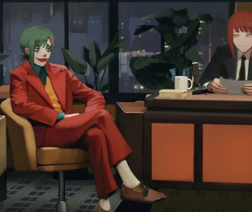 absurdres batman_(series) black_jacket blazer brown_footwear chainsaw_man chair closed_mouth collared_shirt commentary cosplay crossed_legs cup dc_comics desk disposable_cup dress_shirt facepaint foreshortening formal_clothes green_hair hair_ornament hairclip higashiyama_kobeni highres holding jacket joker_(2019) joker_(dc)_(cosplay) light_smile loafers long_sleeves looking_at_another makima_(chainsaw_man) mug necktie pants parody plant red_hair red_jacket red_pants shirt shoes socks the_joker white_shirt window xyanaid yellow_eyes