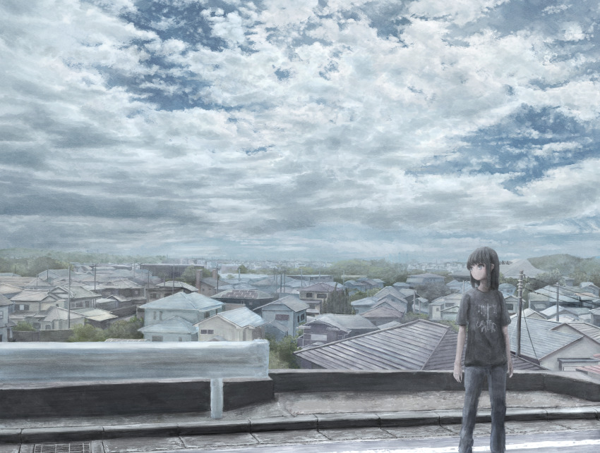 1girl absurdres akebonobashi_(artist) arms_at_sides black_hair black_shirt building cityscape cloud cloudy_sky drain_(object) highres horizon house original pants power_lines print_shirt road rooftop scenery shirt shoes short_sleeves sky sneakers solo standing traffic_barrier wide_shot