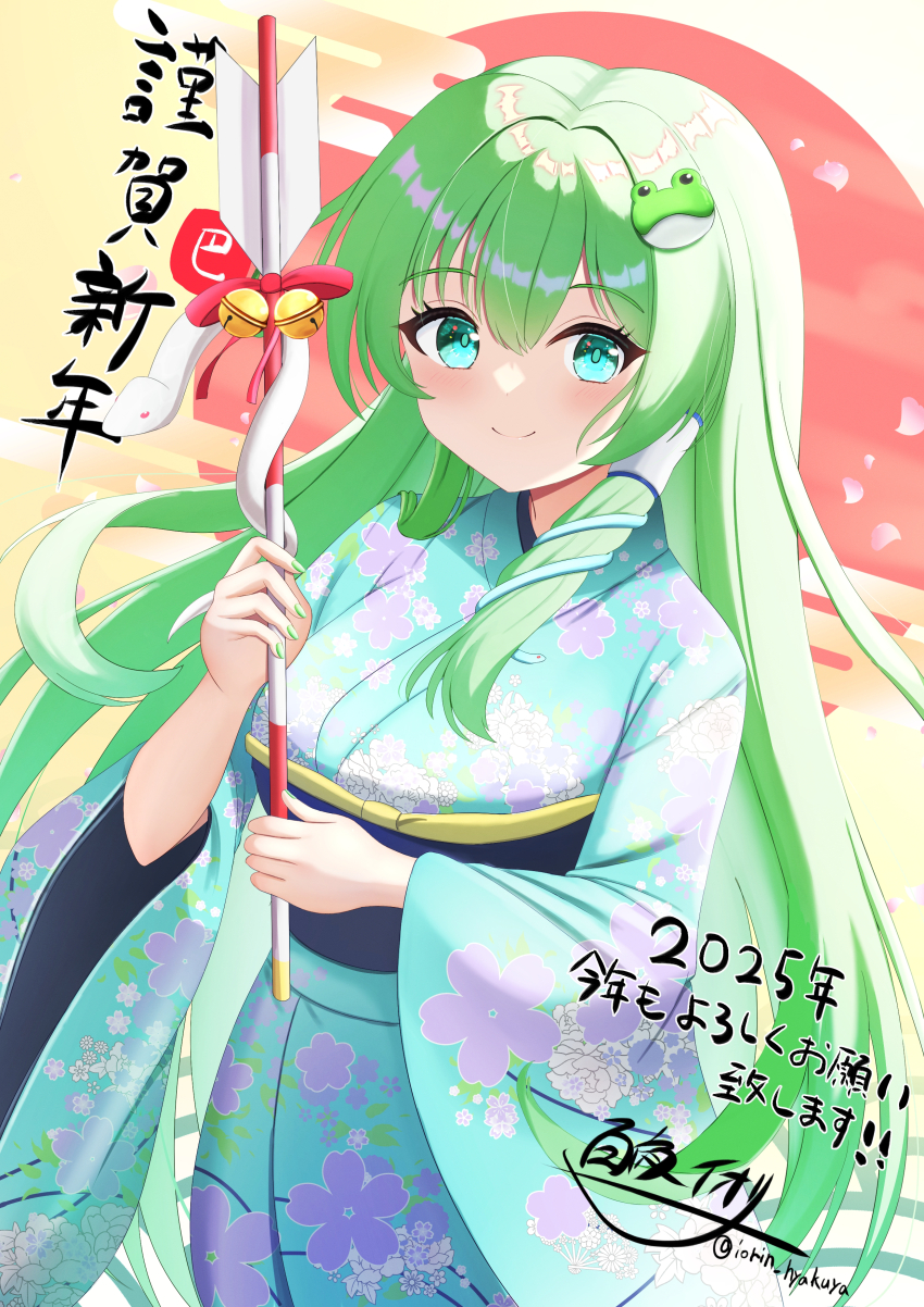 1girl 2025 absurdres arrow_(projectile) blue_kimono blush breasts chinese_zodiac closed_mouth commentary_request floral_print floral_print_kimono frog_hair_ornament green_eyes green_hair hair_ornament hamaya happy_new_year highres holding hyakuya_iori japanese_clothes kimono kochiya_sanae large_breasts long_hair long_sleeves looking_at_viewer new_year obi print_kimono sash single_sidelock smile snake_hair_ornament solo touhou translation_request twitter_username upper_body wide_sleeves year_of_the_snake