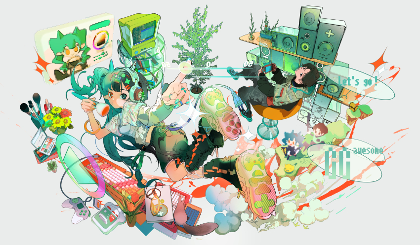 1boy 1girl absurdres animal black_hair black_socks chair cloud commentary_request computer computer_keyboard controller electric_plug english_text floating flower full_body game_controller glass_table green_hair hair_ornament hairclip handheld_game_console headphones heads-up_display heart heart-shaped_pupils heterochromia highres holding holding_handheld_game_console holographic_interface holographic_monitor hood hood_down hooded_jacket jacket kneehighs kukka long_hair long_sleeves loose_socks monitor nail_polish pixel_art plant pointy_ears potted_plant promotional_art rabbit shoe_soles shoes short_hair shorts simple_background sitting sneakers socks speaker star_(symbol) striped_clothes striped_socks sunflower symbol-shaped_pupils table tokyo_game_show treasure_chest tulip user_interface vertical-striped_clothes vertical-striped_socks white_background