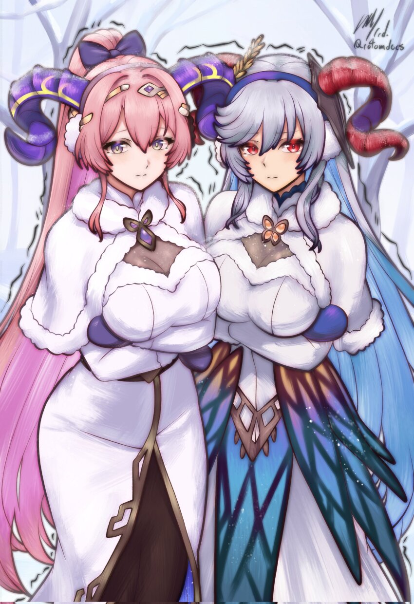 2girls alternate_costume arms_under_breasts aunt_and_niece blue_hair breasts capelet closed_mouth colored_inner_hair commentary commission corrupted_twitter_file english_commentary fire_emblem fire_emblem_heroes freyja_(fire_emblem) goat_horns grey_hair hair_between_eyes highres horns large_breasts long_hair looking_at_viewer mittens multicolored_hair multiple_girls nerthuz_(fire_emblem) nintendo pantyhose pink_hair ponytail purple_eyes red_eyes rotomdocs snow trembling two-tone_hair very_long_hair white_capelet winter_clothes