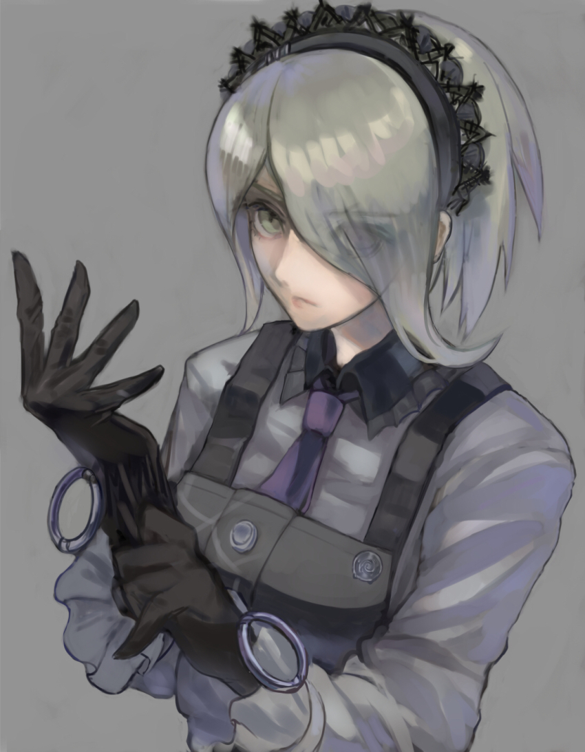 1girl apron black_apron black_gloves blue_necktie danganronpa_(series) danganronpa_v3:_killing_harmony dress eyes_visible_through_hair female_focus gloves green_eyes grey_background grey_hair hair_over_one_eye highres long_sleeves looking_at_viewer mai_yukari maid_headdress necktie o-ring pinafore_dress short_hair simple_background sleeveless sleeveless_dress solo tojo_kirumi upper_body white_dress