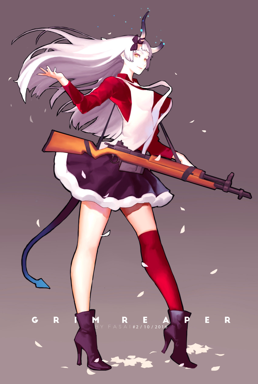 1girl absurdres asymmetrical_legwear black_footwear bow breasts broken_horn closed_mouth demon_tail female_focus gradient_background gradient_horns gun high_heels highres horn_bow horn_ornament horns light_purple_hair long_hair makeup mismatched_legwear multicolored_horns original pavarit_songsomboon pedal pink_lips purple_bow purple_horns red_thighhighs rifle skirt smile solo standing tail thighhighs weapon yellow_eyes