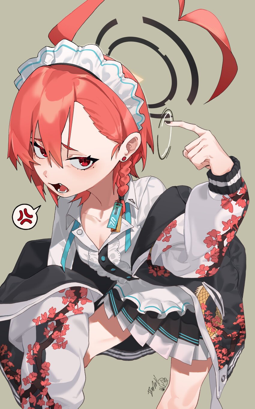 1girl absurdres ahoge anger_vein apron blue_archive breasts cleavage ear_piercing eyelashes fang grey_background halo highres maid_apron maid_headdress mole mole_under_eye neru_(blue_archive) orange_hair piercing pleated_skirt red_eyes shimiya_jin short_hair simple_background skirt small_breasts spoken_anger_vein